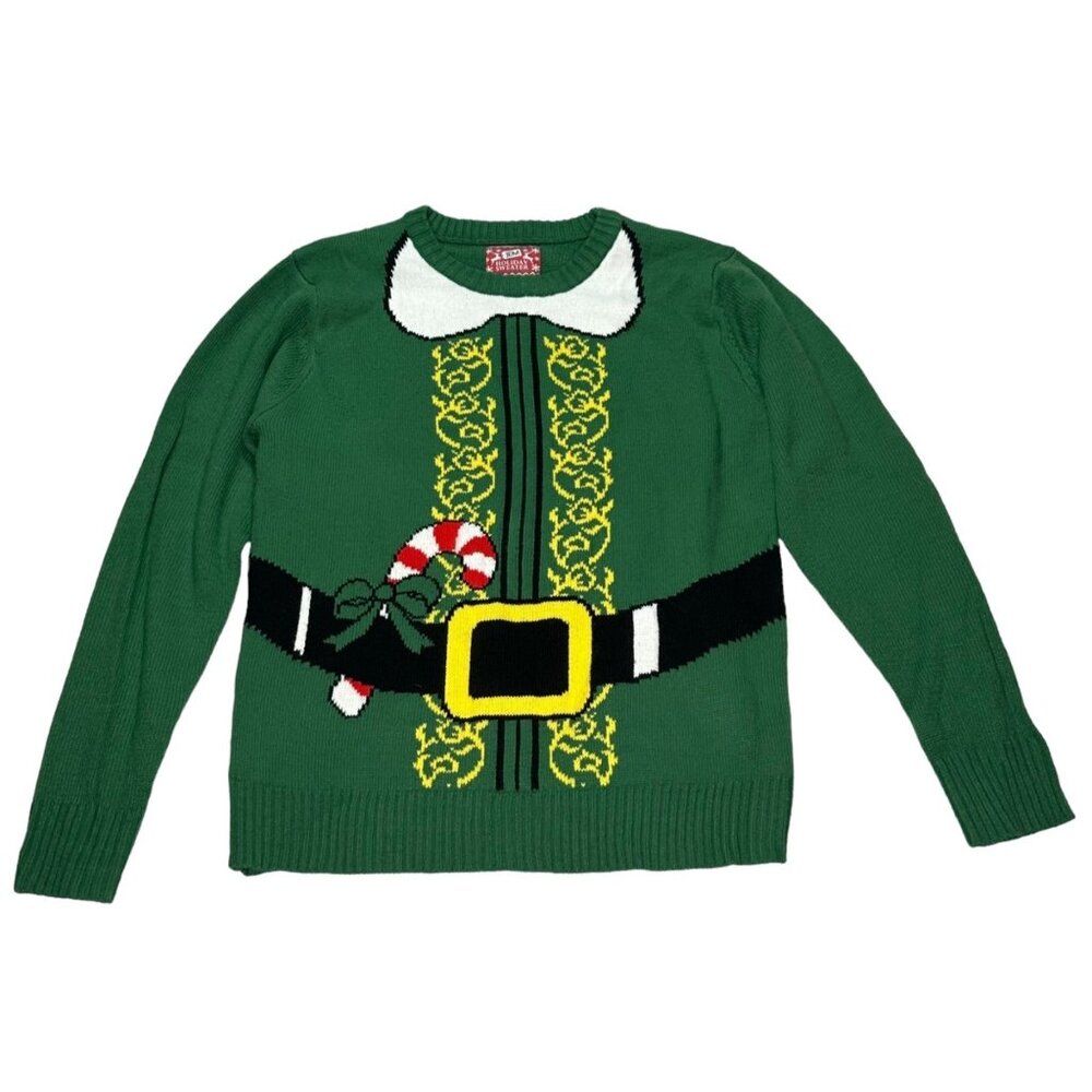 Jem Holiday Sweater L/G Elf Design Green Acrylic Unisex Christmas Ugly